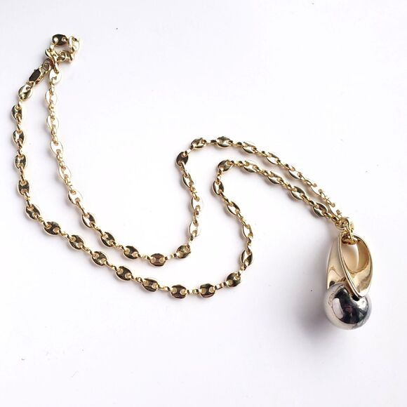 14K Gold Plated Necklace 23" 5mm Puffed Mariner 2 Tone Teardrop Ball Pendant - Picture 4 of 10